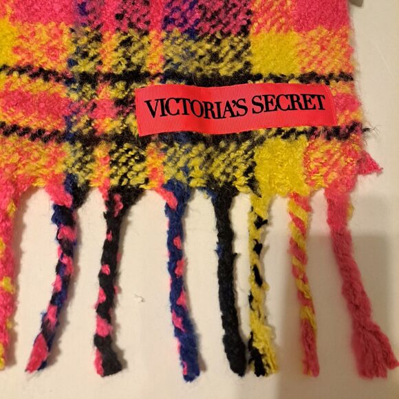 Victoria's Secret Fuzzy Bright Soft Knit Plaid Scarf Fringe Pink Yellow 77"×12" - Picture 2 of 9